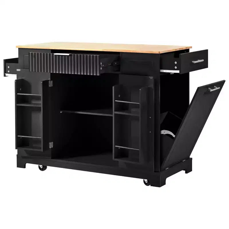 Pexfix Îlot de cuisine avec meuble de rangement pour poubelle et prise de courant et étagère de rangement et 3 tiroirs et 3 étagères latérales ouvertes pour poubelle de 38 litres, noir