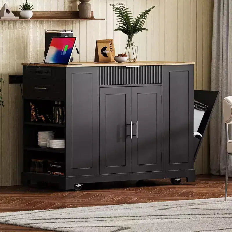 Pexfix Îlot de cuisine avec meuble de rangement pour poubelle et prise de courant et étagère de rangement et 3 tiroirs et 3 étagères latérales ouvertes pour poubelle de 38 litres, noir