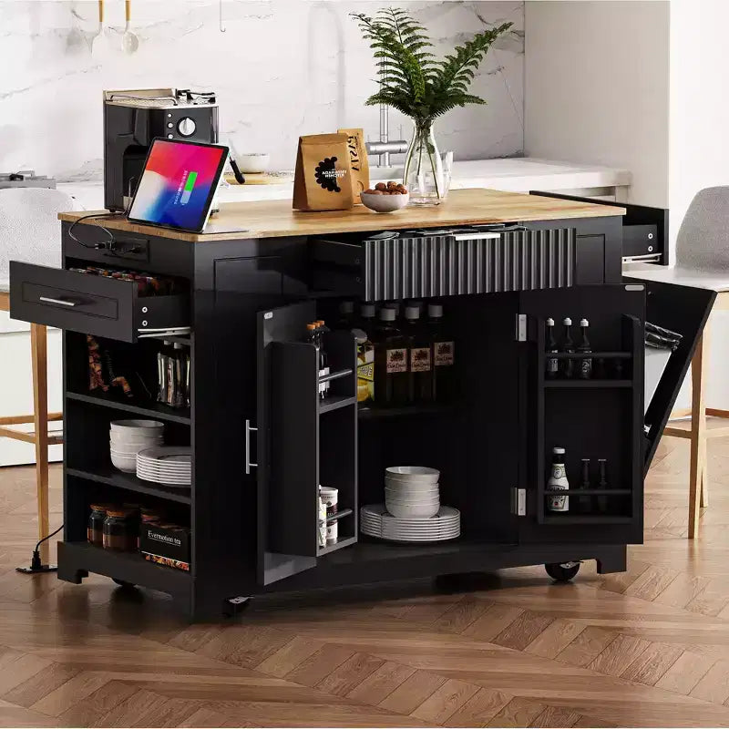 Pexfix Îlot de cuisine avec meuble de rangement pour poubelle et prise de courant et étagère de rangement et 3 tiroirs et 3 étagères latérales ouvertes pour poubelle de 38 litres, noir