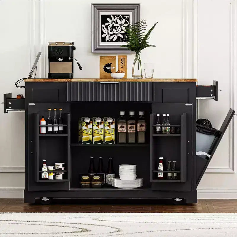 Pexfix Îlot de cuisine avec meuble de rangement pour poubelle et prise de courant et étagère de rangement et 3 tiroirs et 3 étagères latérales ouvertes pour poubelle de 38 litres, noir