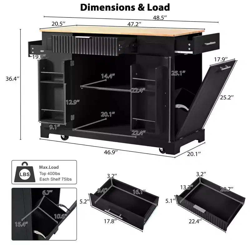 Pexfix Îlot de cuisine avec meuble de rangement pour poubelle et prise de courant et étagère de rangement et 3 tiroirs et 3 étagères latérales ouvertes pour poubelle de 38 litres, noir