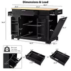Pexfix Îlot de cuisine avec meuble de rangement pour poubelle et prise de courant et étagère de rangement et 3 tiroirs et 3 étagères latérales ouvertes pour poubelle de 38 litres, noir