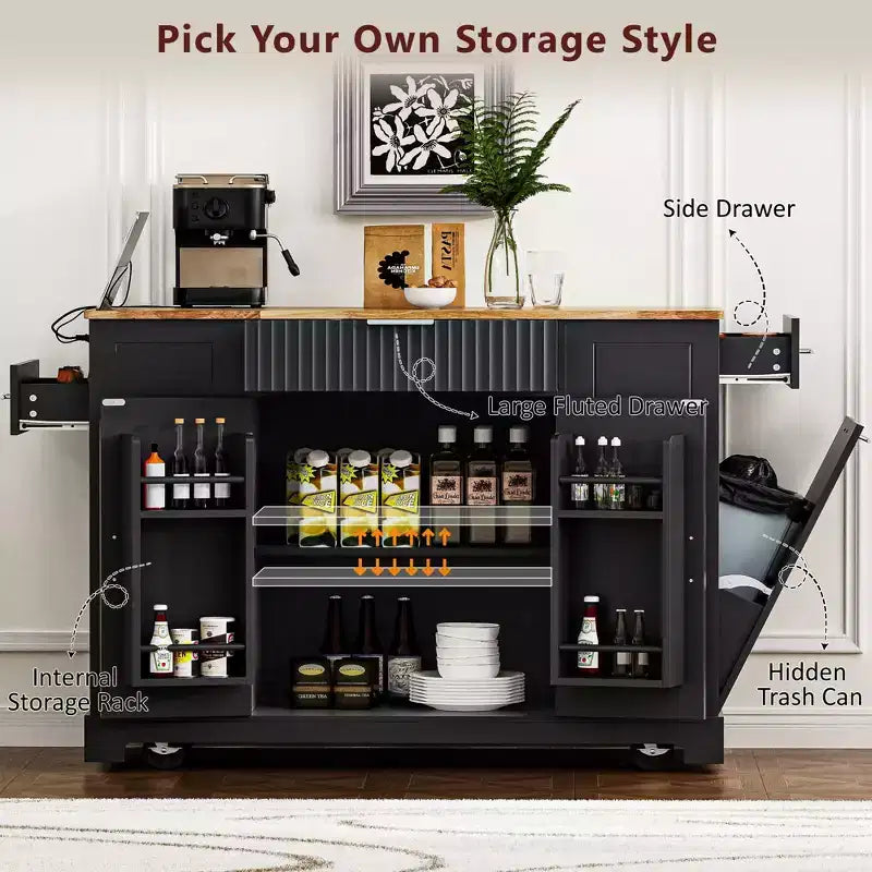 Pexfix Îlot de cuisine avec meuble de rangement pour poubelle et prise de courant et étagère de rangement et 3 tiroirs et 3 étagères latérales ouvertes pour poubelle de 38 litres, noir