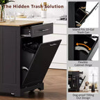 Pexfix Îlot de cuisine avec meuble de rangement pour poubelle et prise de courant et étagère de rangement et 3 tiroirs et 3 étagères latérales ouvertes pour poubelle de 38 litres, noir