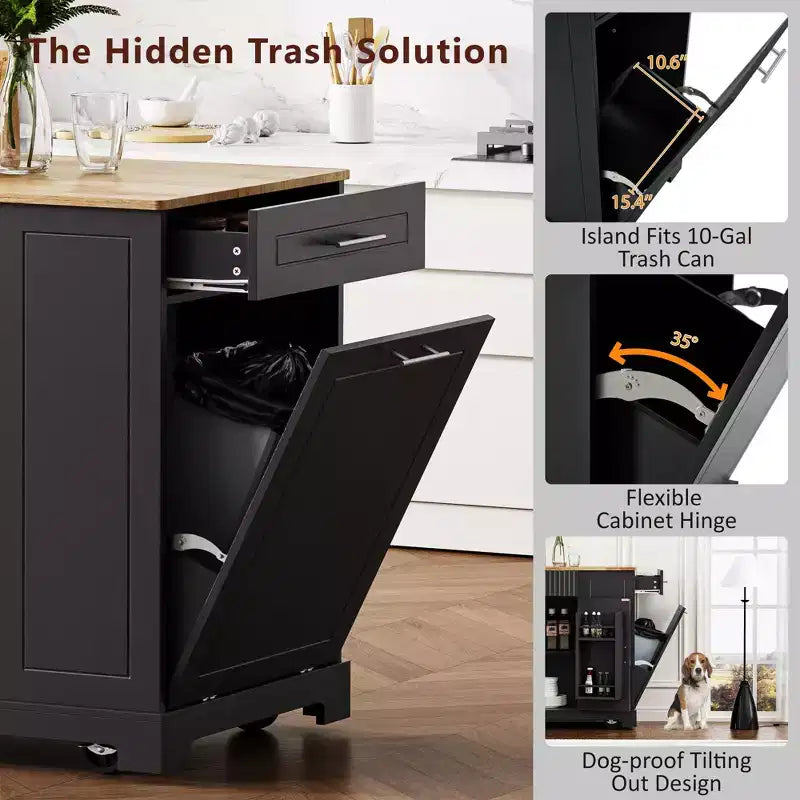 Pexfix Îlot de cuisine avec meuble de rangement pour poubelle et prise de courant et étagère de rangement et 3 tiroirs et 3 étagères latérales ouvertes pour poubelle de 38 litres, noir