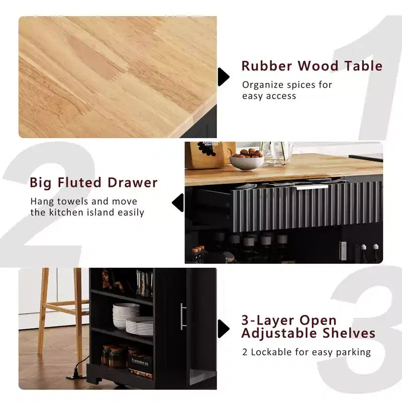 Pexfix Îlot de cuisine avec meuble de rangement pour poubelle et prise de courant et étagère de rangement et 3 tiroirs et 3 étagères latérales ouvertes pour poubelle de 38 litres, noir