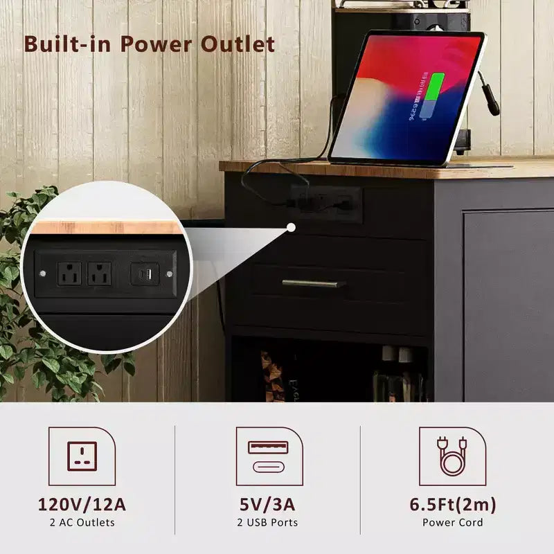 Pexfix Îlot de cuisine avec meuble de rangement pour poubelle et prise de courant et étagère de rangement et 3 tiroirs et 3 étagères latérales ouvertes pour poubelle de 38 litres, noir