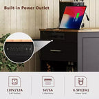 Pexfix Îlot de cuisine avec meuble de rangement pour poubelle et prise de courant et étagère de rangement et 3 tiroirs et 3 étagères latérales ouvertes pour poubelle de 38 litres, noir