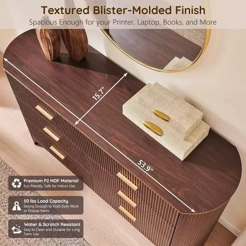 Commode à 6 tiroirs pour chambre à coucher, tiroirs larges de 137 cm avec poignées dorées, profil incurvé, commode de rangement en bois pour salon