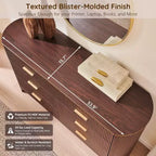Commode à 6 tiroirs pour chambre à coucher, tiroirs larges de 137 cm avec poignées dorées, profil incurvé, commode de rangement en bois pour salon