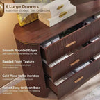 Commode à 6 tiroirs pour chambre à coucher, tiroirs larges de 137 cm avec poignées dorées, profil incurvé, commode de rangement en bois pour salon