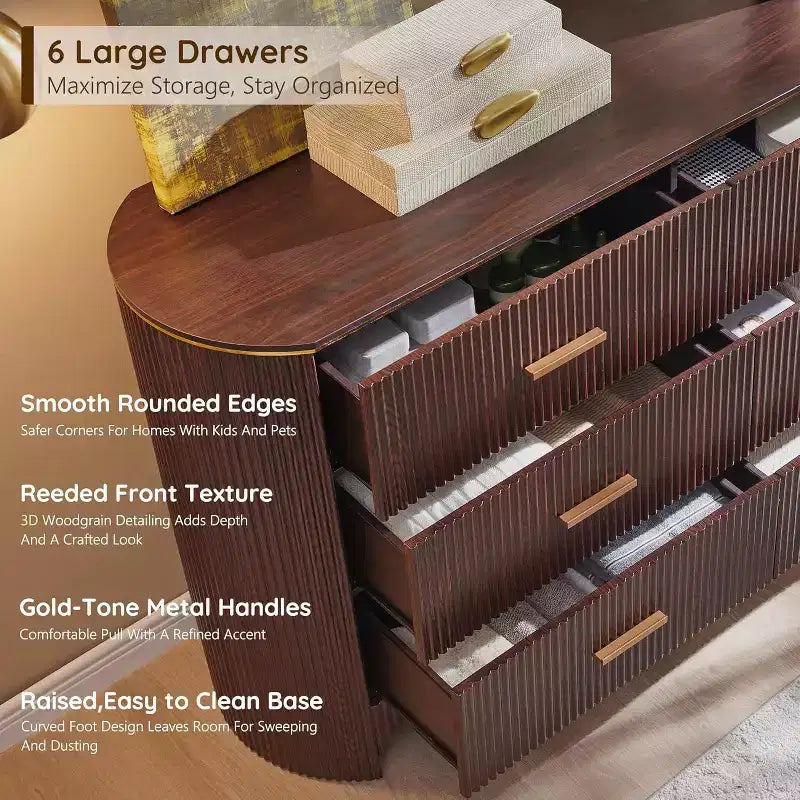 Commode à 6 tiroirs pour chambre à coucher, tiroirs larges de 137 cm avec poignées dorées, profil incurvé, commode de rangement en bois pour salon