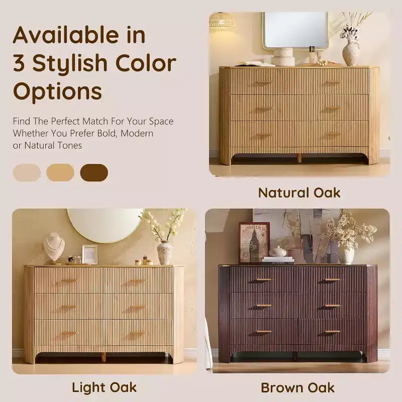 Commode à 6 tiroirs pour chambre à coucher, tiroirs larges de 137 cm avec poignées dorées, profil incurvé, commode de rangement en bois pour salon