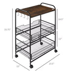 Chariot de cuisine à 3 niveaux avec rangement, îlot de cuisine roulant avec 2 paniers de fruits coulissants et crochets latéraux pour salle à manger