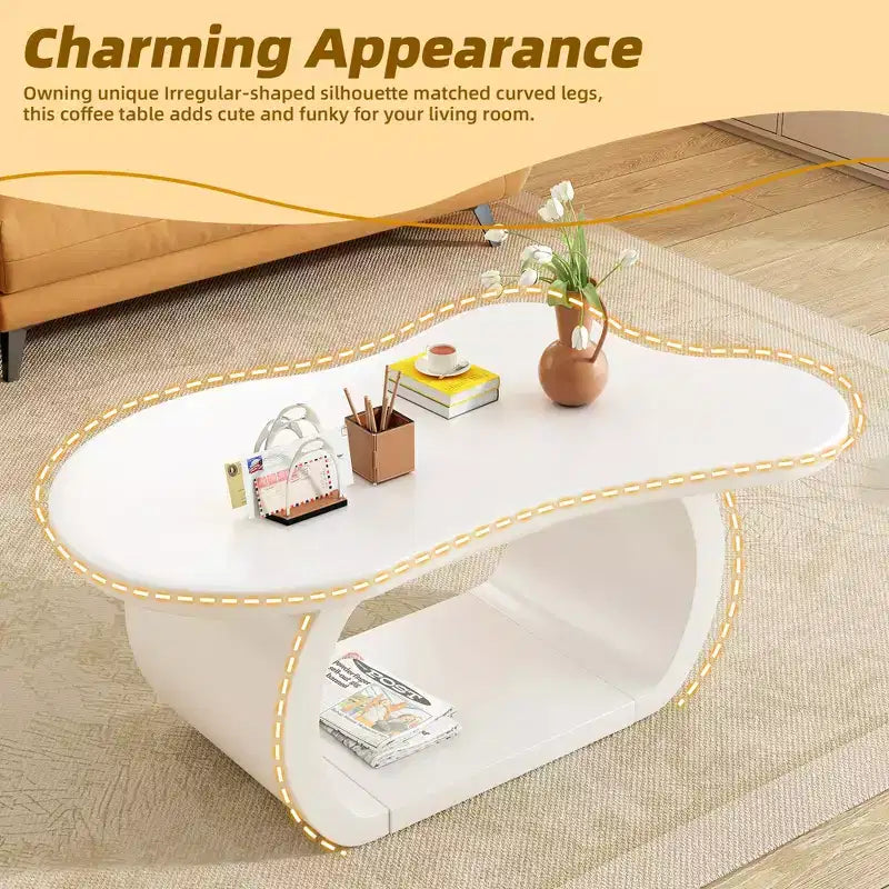 Table Basse Nuage en Bois, Table d'Appoint Crème Irrégulière avec Pieds Courbés, Petite Table Basse à Bord Arrondi pour Salon