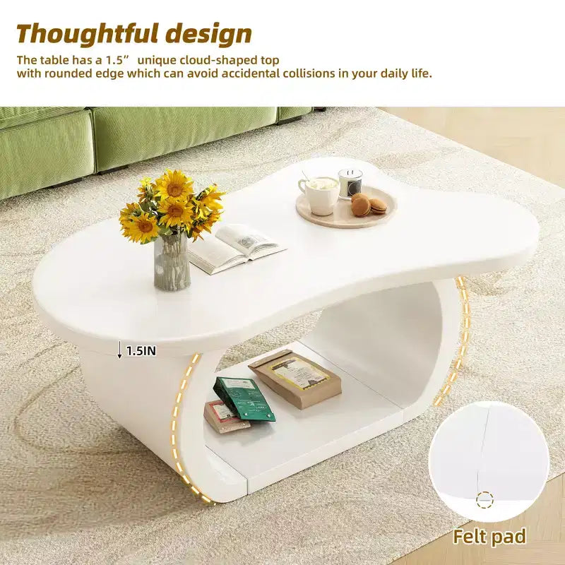 Table Basse Nuage en Bois, Table d'Appoint Crème Irrégulière avec Pieds Courbés, Petite Table Basse à Bord Arrondi pour Salon