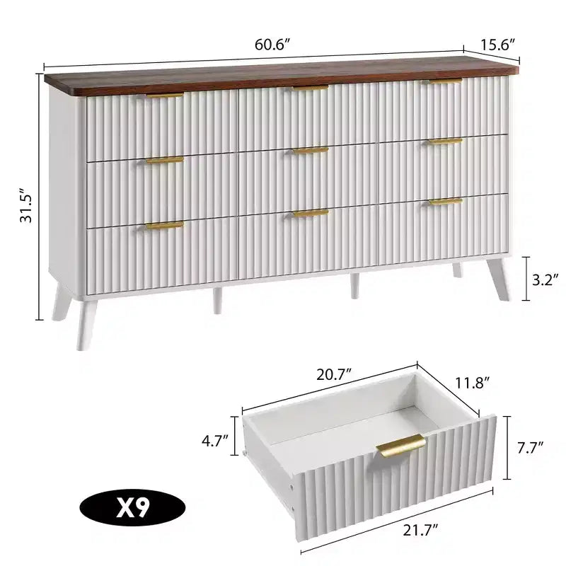 Commode de chambre à 9 tiroirs, chiffonnier de 154 cm de large avec poignées dorées, commode cannelée Meuble TV, organisateur de rangement de vêtements pour salon