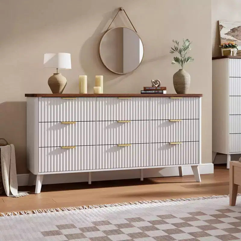 Commode de chambre à 9 tiroirs, chiffonnier de 154 cm de large avec poignées dorées, commode cannelée Meuble TV, organisateur de rangement de vêtements pour salon