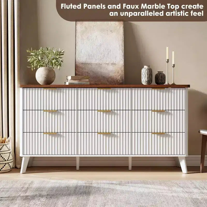 Commode de chambre à 9 tiroirs, chiffonnier de 154 cm de large avec poignées dorées, commode cannelée Meuble TV, organisateur de rangement de vêtements pour salon