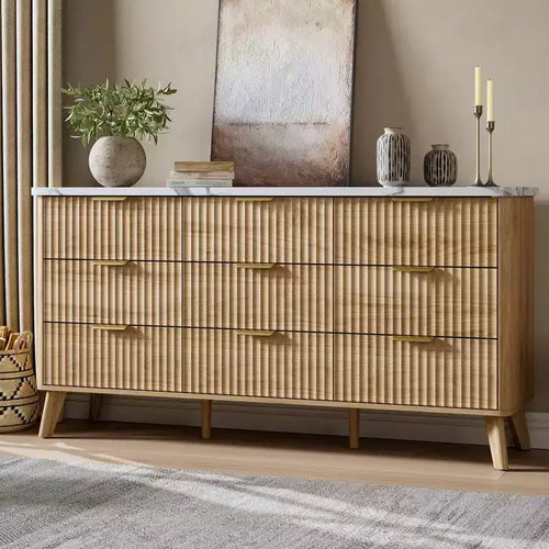 9 Drawer Dresser for Bedroom, 60.6W Chest of Drawers with Gold Handle, Fluted Dresser TV Stand, Clothing Storage Organizer for Living Room