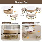 Table basse relevable ronde avec poufs et rangement, ensemble de tables basses dorées avec tabourets dissimulés pour le salon
