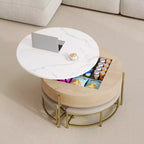 Table basse relevable ronde avec poufs et rangement, ensemble de tables basses dorées avec tabourets dissimulés pour le salon