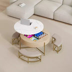 Table basse relevable ronde avec poufs et rangement, ensemble de tables basses dorées avec tabourets dissimulés pour le salon