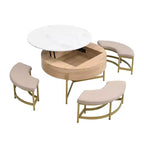 Table basse relevable ronde avec poufs et rangement, ensemble de tables basses dorées avec tabourets dissimulés pour le salon