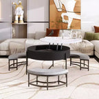 Table basse relevable ronde avec poufs et rangement, ensemble de tables basses dorées avec tabourets dissimulés pour le salon