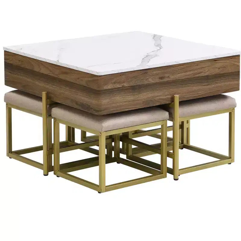 Table basse carrée relevable avec poufs et rangement, ensemble de table basse dorée avec tabourets intégrés pour salon, blanc et noyer