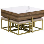 Table basse carrée relevable avec poufs et rangement, ensemble de table basse dorée avec tabourets intégrés pour salon, blanc et noyer
