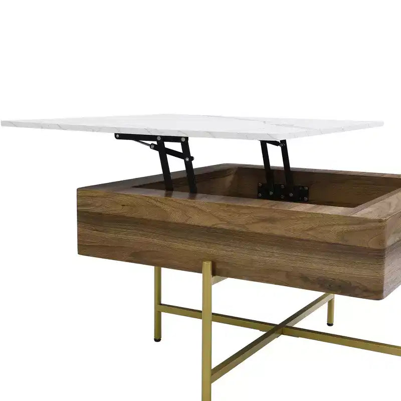 Table basse carrée relevable avec poufs et rangement, ensemble de table basse dorée avec tabourets intégrés pour salon, blanc et noyer