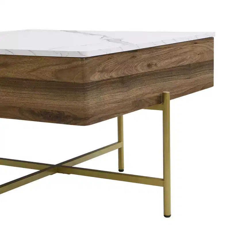 Table basse carrée relevable avec poufs et rangement, ensemble de table basse dorée avec tabourets intégrés pour salon, blanc et noyer