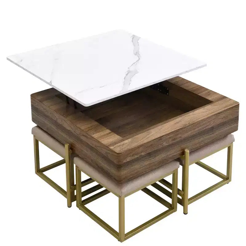 Table basse carrée relevable avec poufs et rangement, ensemble de table basse dorée avec tabourets intégrés pour salon, blanc et noyer