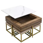 Table basse carrée relevable avec poufs et rangement, ensemble de table basse dorée avec tabourets intégrés pour salon, blanc et noyer