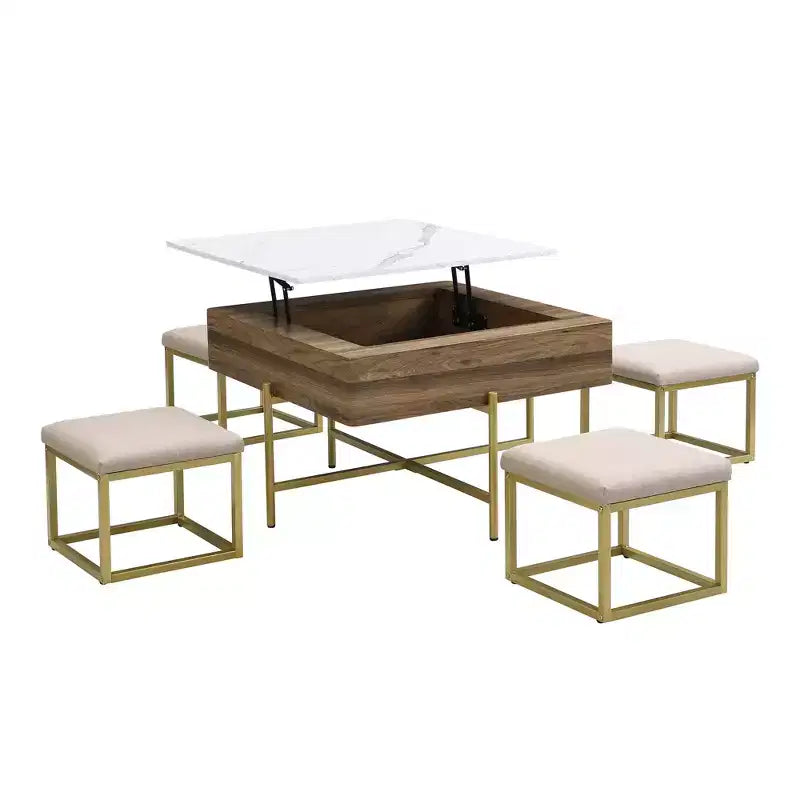 Table basse carrée relevable avec poufs et rangement, ensemble de table basse dorée avec tabourets intégrés pour salon, blanc et noyer