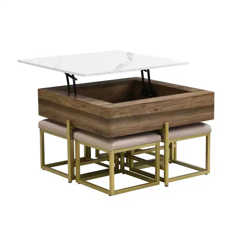 Table basse carrée relevable avec poufs et rangement, ensemble de table basse dorée avec tabourets intégrés pour salon, blanc et noyer