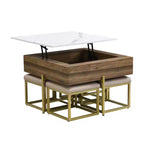 Table basse carrée relevable avec poufs et rangement, ensemble de table basse dorée avec tabourets intégrés pour salon, blanc et noyer