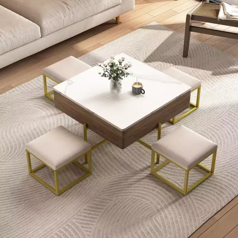 Table basse carrée relevable avec poufs et rangement, ensemble de table basse dorée avec tabourets intégrés pour salon, blanc et noyer