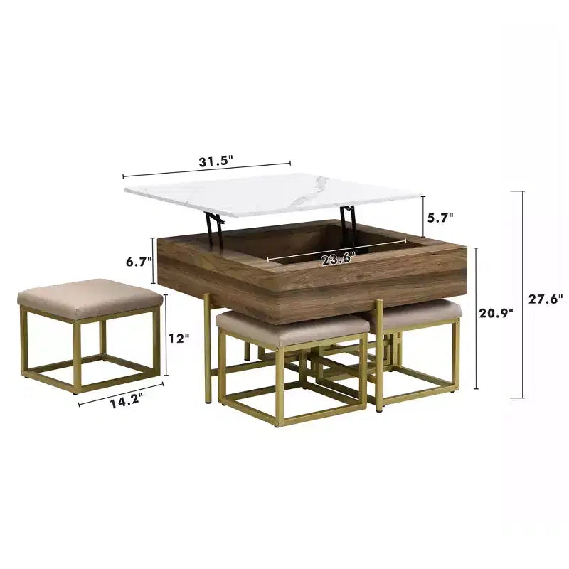 Table basse carrée relevable avec poufs et rangement, ensemble de table basse dorée avec tabourets intégrés pour salon, blanc et noyer