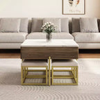 Table basse carrée relevable avec poufs et rangement, ensemble de table basse dorée avec tabourets intégrés pour salon, blanc et noyer