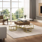 Table basse carrée relevable avec poufs et rangement, ensemble de table basse dorée avec tabourets intégrés pour salon, blanc et noyer