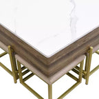 Table basse carrée relevable avec poufs et rangement, ensemble de table basse dorée avec tabourets intégrés pour salon, blanc et noyer