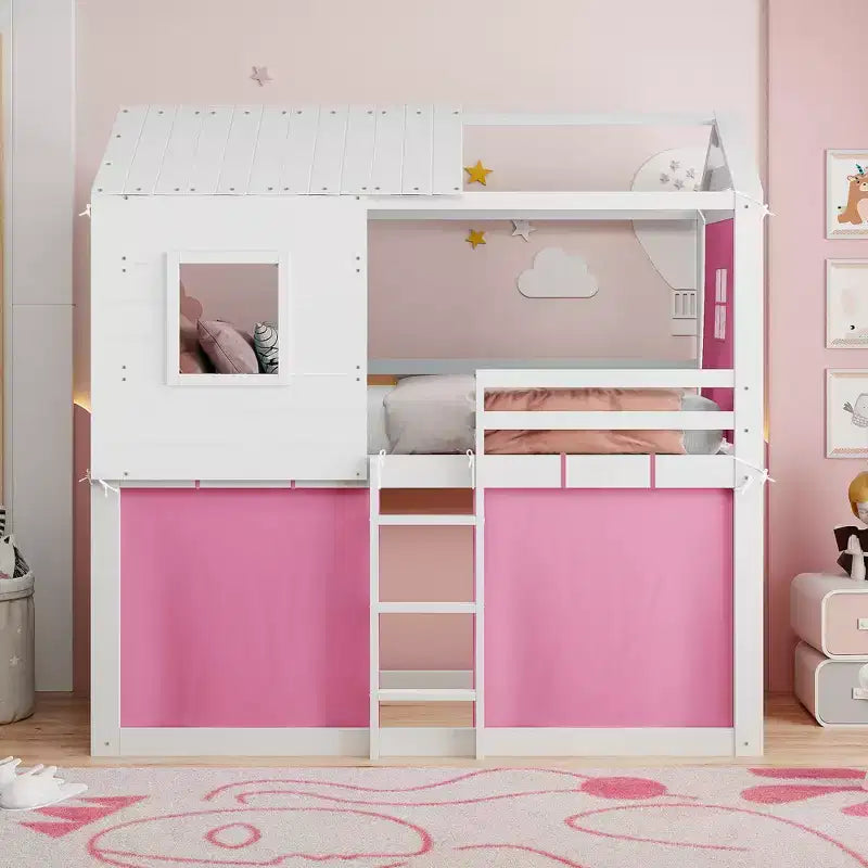 Lit superposé cabane en bois, format jumeau/double, avec tente, design amusant de maisonnette pour enfants - ModernLuxe