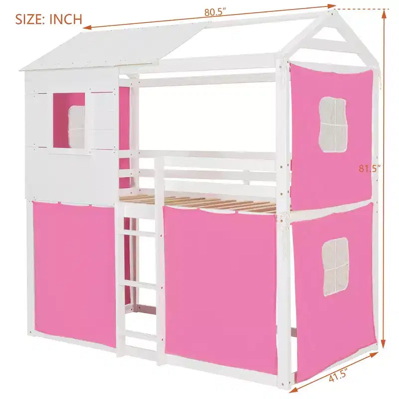Lit superposé cabane en bois, format jumeau/double, avec tente, design amusant de maisonnette pour enfants - ModernLuxe