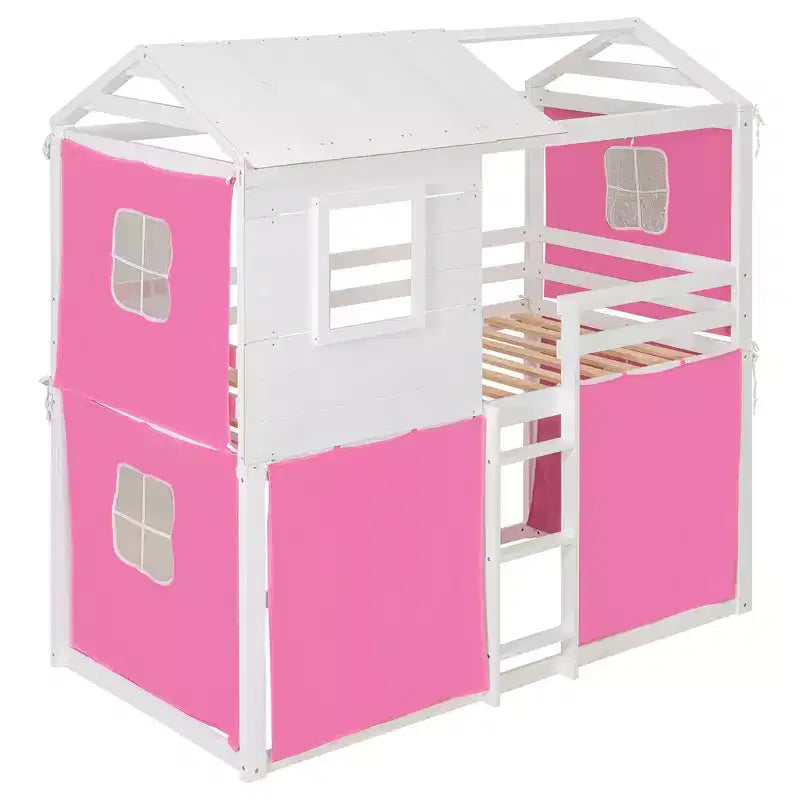 Lit superposé cabane en bois, format jumeau/double, avec tente, design amusant de maisonnette pour enfants - ModernLuxe