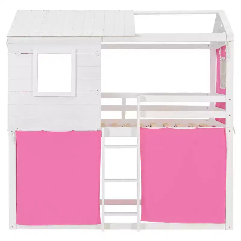 Lit superposé cabane en bois, format jumeau/double, avec tente, design amusant de maisonnette pour enfants - ModernLuxe
