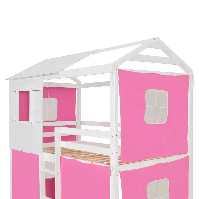 Lit superposé cabane en bois, format jumeau/double, avec tente, design amusant de maisonnette pour enfants - ModernLuxe