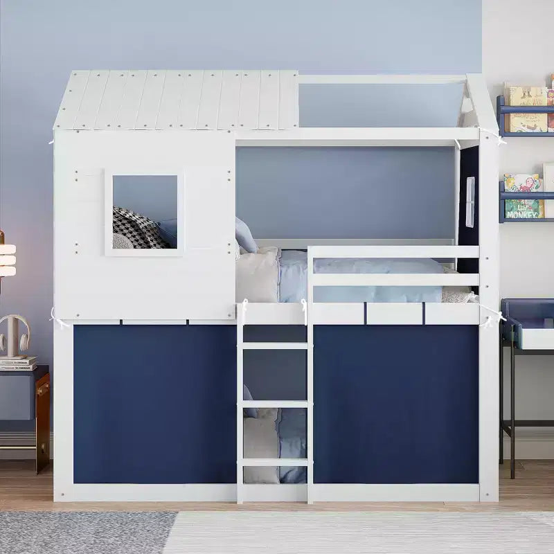 Lit superposé cabane en bois, format jumeau/double, avec tente, design amusant de maisonnette pour enfants - ModernLuxe