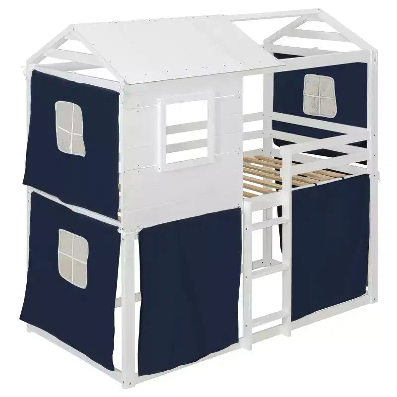 Lit superposé cabane en bois, format jumeau/double, avec tente, design amusant de maisonnette pour enfants - ModernLuxe